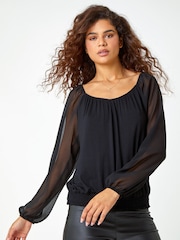 Roman Black Chiffon Sleeve Bubble Hem Top - Image 3 of 5