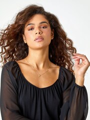 Roman Black Chiffon Sleeve Bubble Hem Top - Image 4 of 5