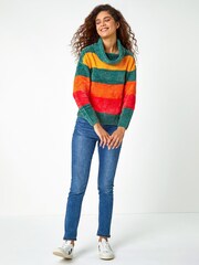 Roman Green Chenille Colour Block Roll Neck Jumper - Image 1 of 5