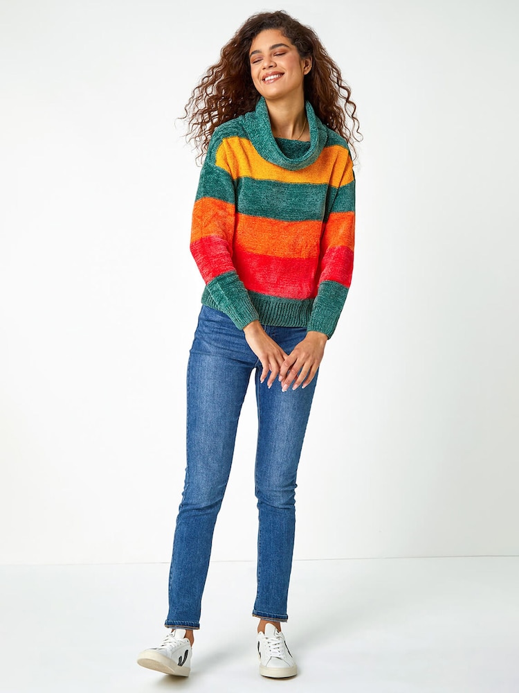 Roman Green Chenille Colour Block Roll Neck Jumper - Image 1 of 5
