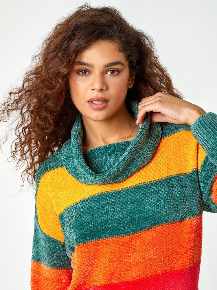 Roman Green Chenille Colour Block Roll Neck Jumper - Image 5 of 5