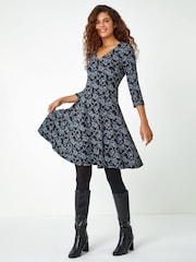 Roman Black Rose Jacquard Fit and Flare Dress - Image 1 of 5
