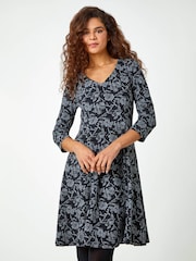 Roman Black Rose Jacquard Fit and Flare Dress - Image 3 of 5