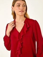 Roman Red Satin Ruffle Neck Blouse - Image 1 of 5