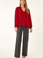 Roman Red Satin Ruffle Neck Blouse - Image 2 of 5