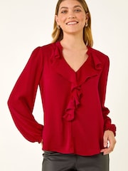 Roman Red Satin Ruffle Neck Blouse - Image 4 of 5