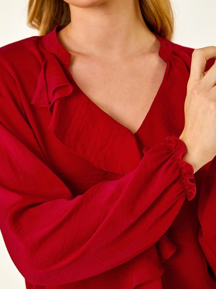 Roman Red Satin Ruffle Neck Blouse - Image 5 of 5
