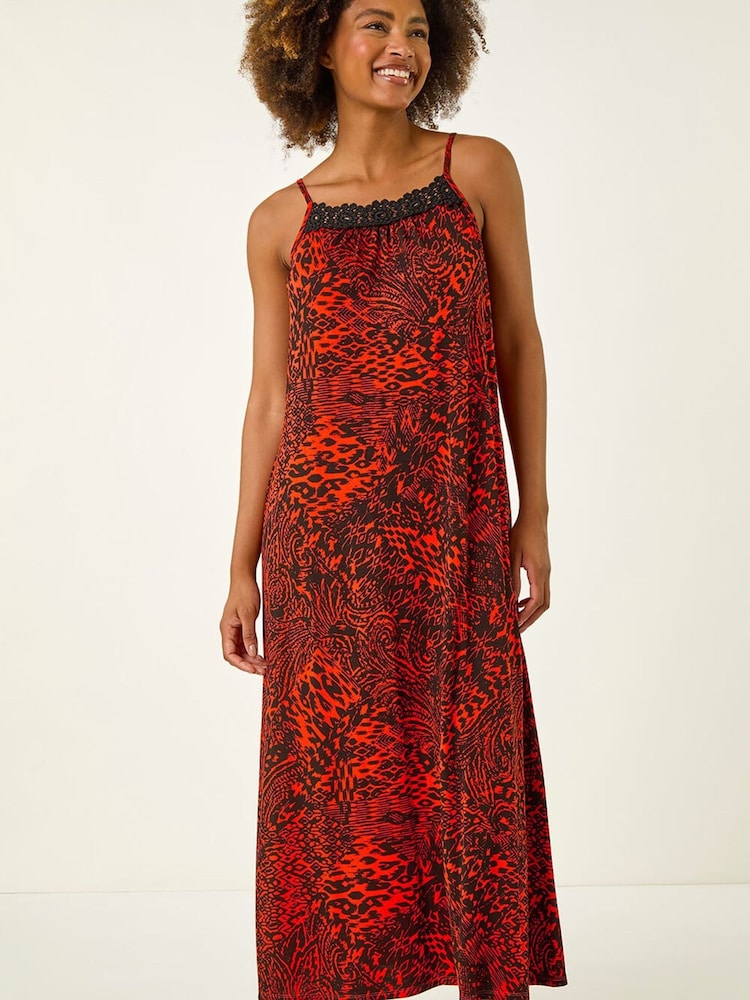 Roman Red Abstract Print Trim Detail Midi Dress - Image 1 of 5 Roman Red Abstract Print Trim Detail Midi Dress - Image 1 of 5