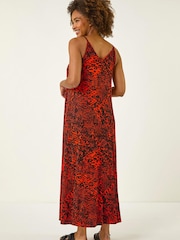 Roman Red Abstract Print Trim Detail Midi Dress - Image 2 of 5