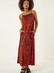 Roman Red Abstract Print Trim Detail Midi Dress - Image 3 of 5