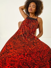 Roman Red Abstract Print Trim Detail Midi Dress - Image 4 of 5