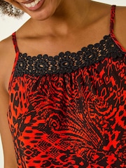 Roman Red Abstract Print Trim Detail Midi Dress - Image 5 of 5