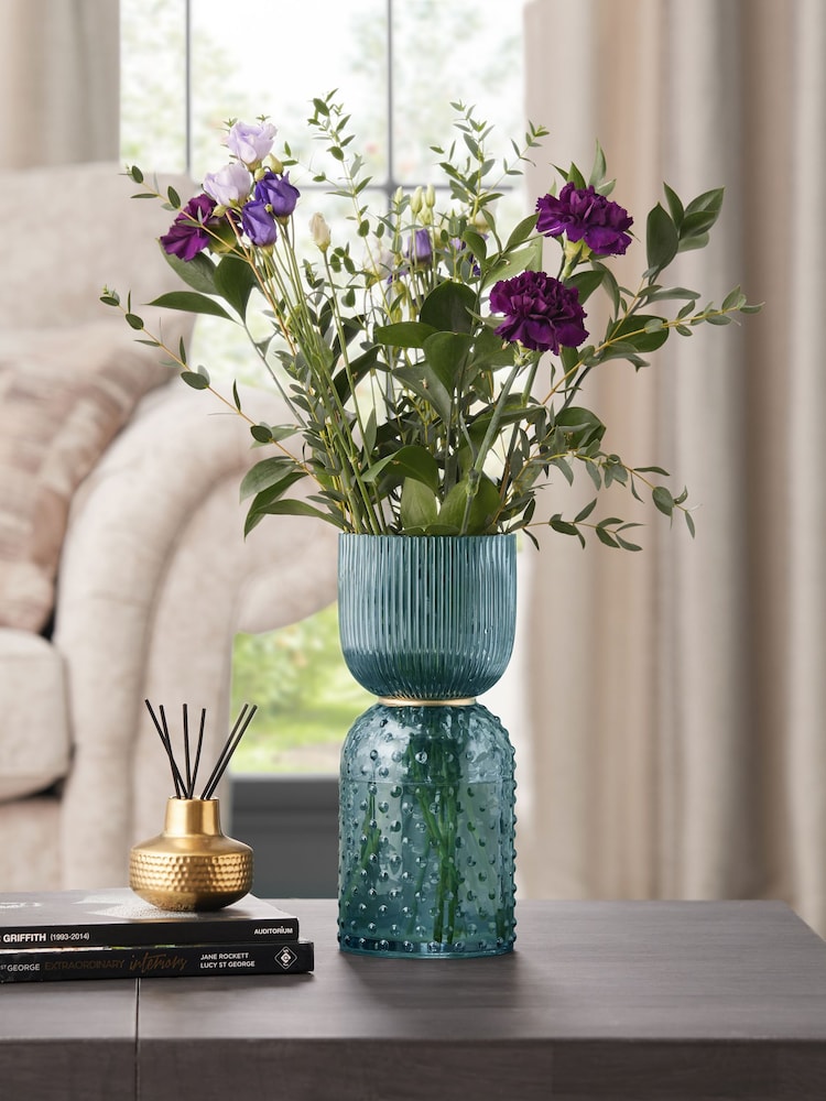 Blue Ribbed and Bobble Glass Vase - Image 1 of 3 Blue Ribbed and Bobble Glass Vase - Image 1 of 3
