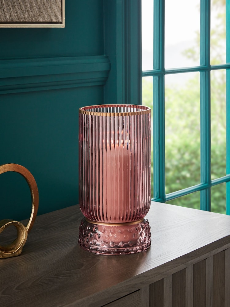 Pink Ribbed Glass Hurricane Candle Holder Medium - Image 1 of 6