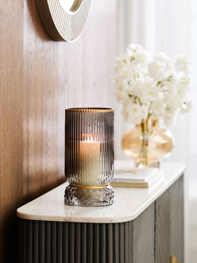 Smoke Grey Ribbed Glass Hurricane Candle Holder Medium - Image 1 of 5