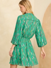 Love & Roses Green Metallic V Neck Puff Sleeve Belted Mini Dress - Image 2 of 4