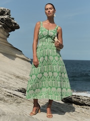Love & Roses Green Palm Cami Corset Lace Trim Cotton Midi Dress - Image 1 of 4