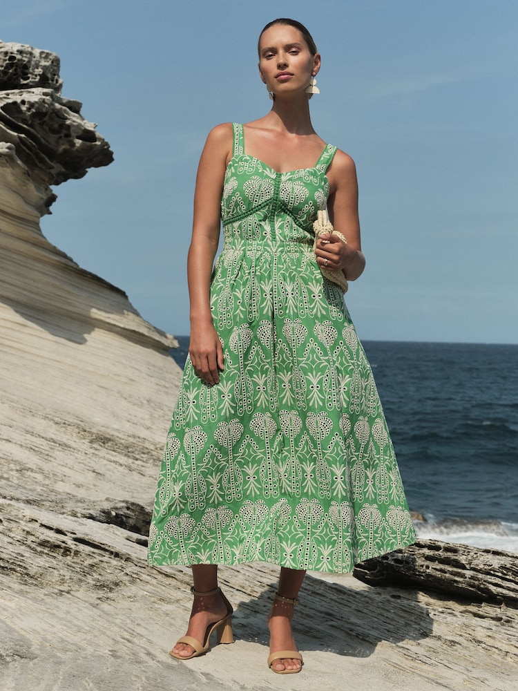 Love & Roses Green Palm Cami Corset Lace Trim Cotton Midi Dress - Image 1 of 4