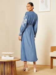 Love & Roses Blue Embroidered TENCEL™ Belted Midi Shirt Dress - Image 3 of 4