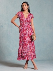 Love & Roses Red Floral Metallic Ruffle Detail Cap Sleeve Midi Dress - Image 1 of 4