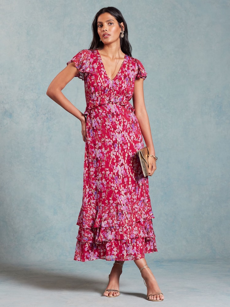 Love & Roses Red Floral Metallic Ruffle Detail Cap Sleeve Midi Dress - Image 1 of 4