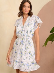 Love & Roses Floral Printed Broderie Flutter Sleeve Mini Dress - Image 1 of 4