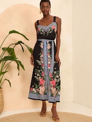 Love & Roses Black Tropical Border Printed Cami Summer Midi Dress - Image 1 of 4