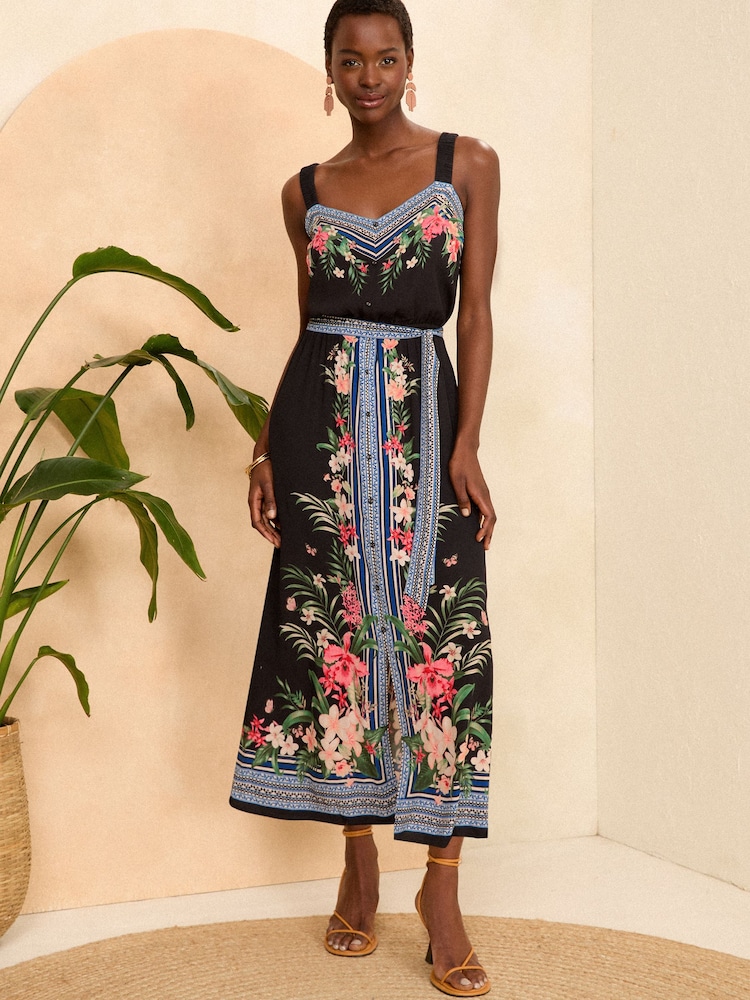 Love & Roses Black Tropical Border Printed Cami Summer Midi Dress - Image 1 of 4 Love & Roses Black Tropical Border Printed Cami Summer Midi Dress - Image 1 of 4