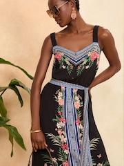 Love & Roses Black Tropical Border Printed Cami Summer Midi Dress - Image 2 of 4