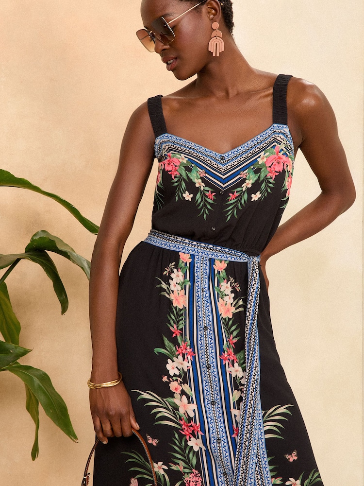 Love & Roses Black Tropical Border Printed Cami Summer Midi Dress - Image 2 of 4