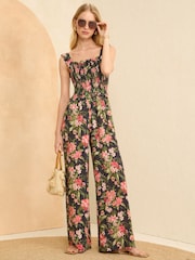 Love & Roses Black Tropical Printed Shirred Cami Wide Leg Jumpsuit - Image 1 of 4