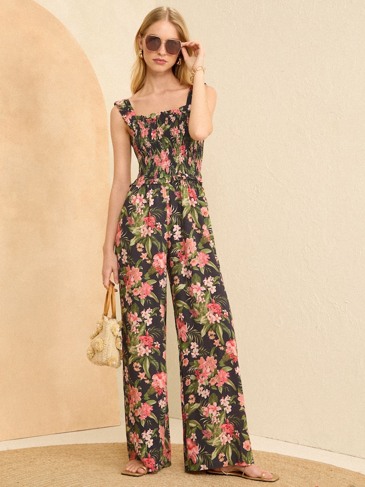 Love & Roses Black Tropical Printed Shirred Cami Wide Leg Jumpsuit - Image 1 of 4
