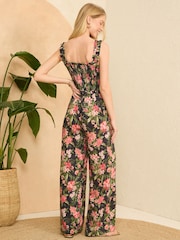 Love & Roses Black Tropical Printed Shirred Cami Wide Leg Jumpsuit - Image 2 of 4