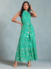 Love & Roses Green Metallic Petite Halterneck Belted Ruffle Maxi Dress - Image 1 of 4