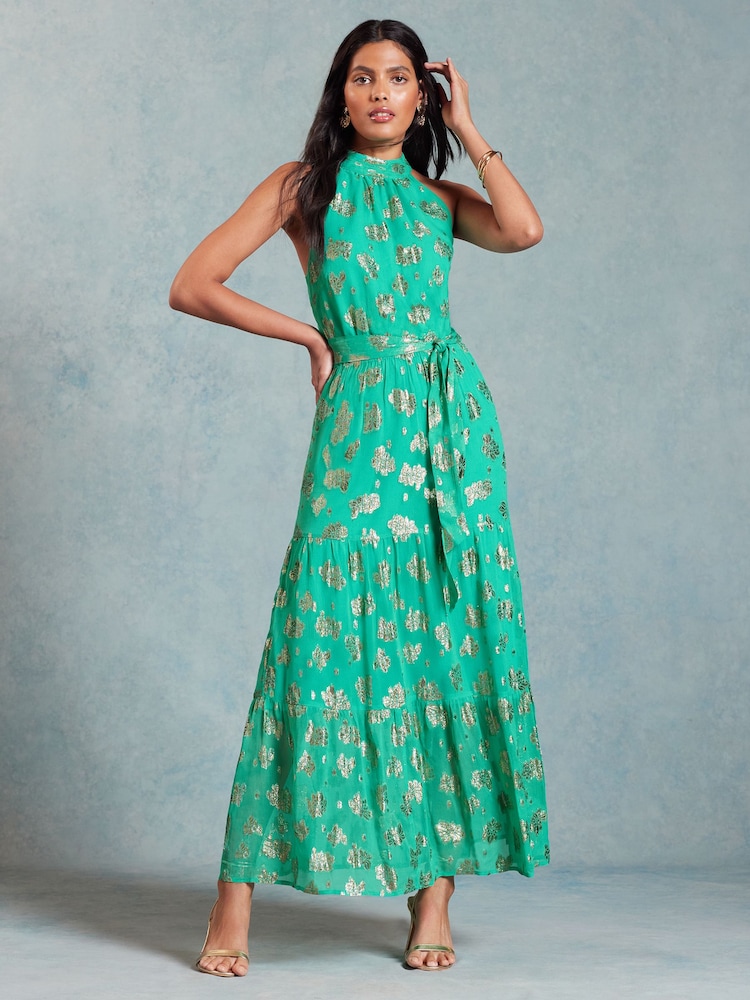 Love & Roses Green Metallic Petite Halterneck Belted Ruffle Maxi Dress - Image 1 of 4