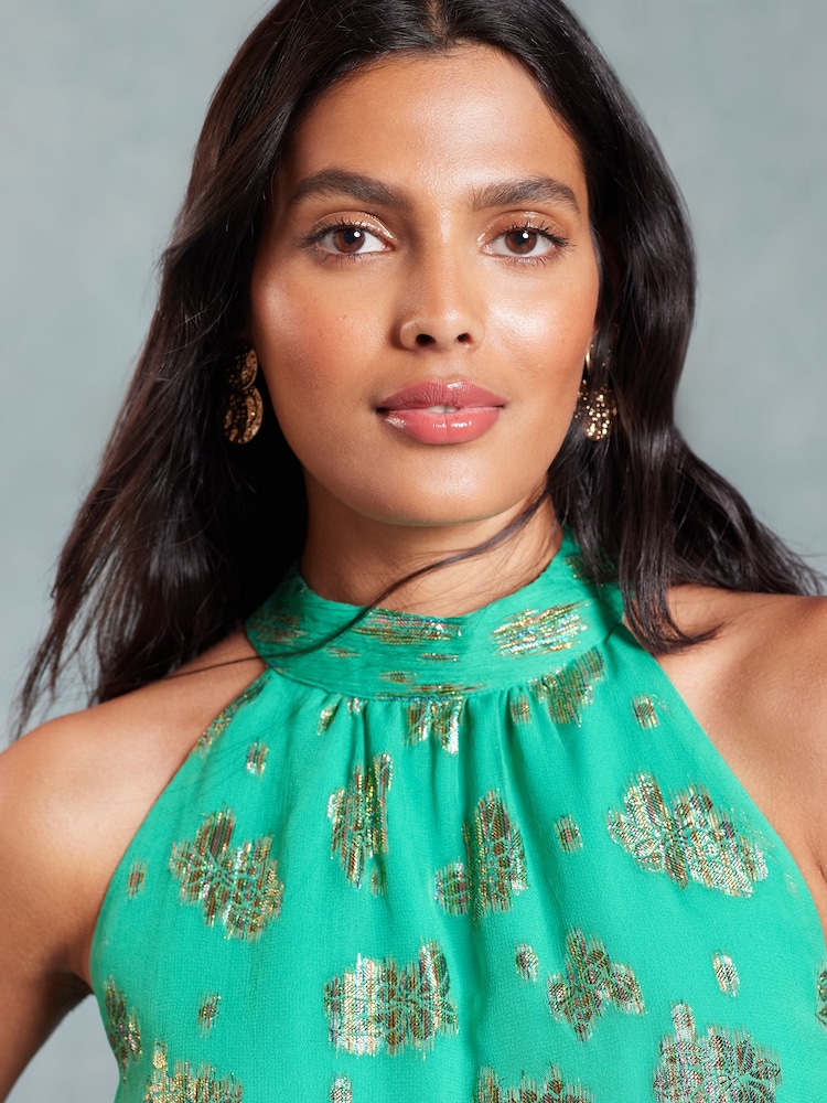Love & Roses Green Metallic Petite Halterneck Belted Ruffle Maxi Dress - Image 2 of 4