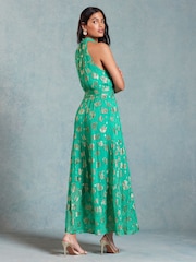 Love & Roses Green Metallic Petite Halterneck Belted Ruffle Maxi Dress - Image 3 of 4
