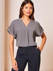Lipsy Grey Utility V Neck Shorts Roll Sleeve Top - Image 1 of 4