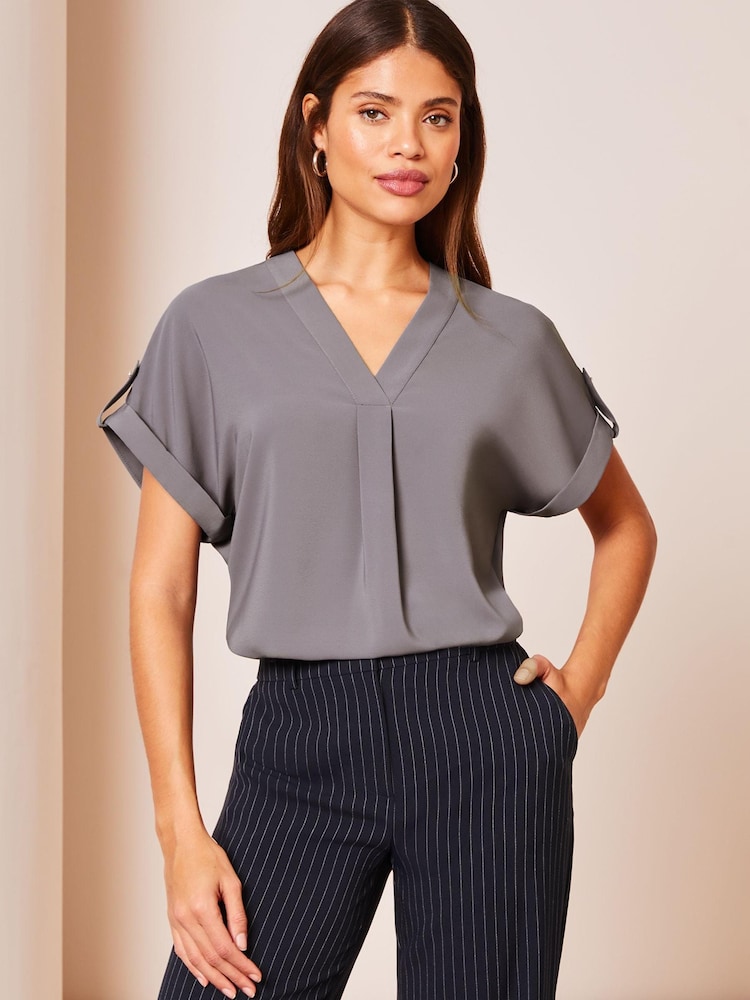 Lipsy Grey Utility V Neck Shorts Roll Sleeve Top - Image 1 of 4