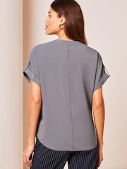 Lipsy Grey Utility V Neck Shorts Roll Sleeve Top - Image 2 of 4