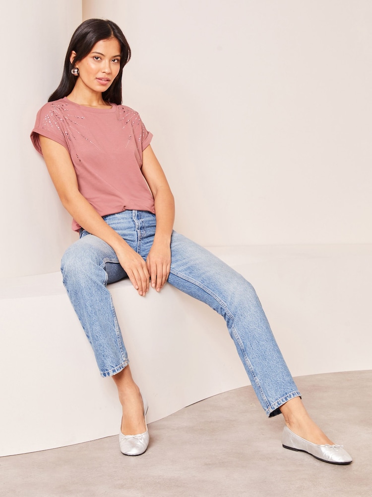 Lipsy Pink Scatter Round Neck Embellished T-Shirt - Image 1 of 1 Lipsy Pink Scatter Round Neck Embellished T-Shirt - Image 1 of 1