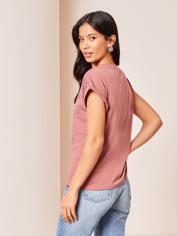 Lipsy Pink Scatter Round Neck Embellished T-Shirt - Image 2 of 3