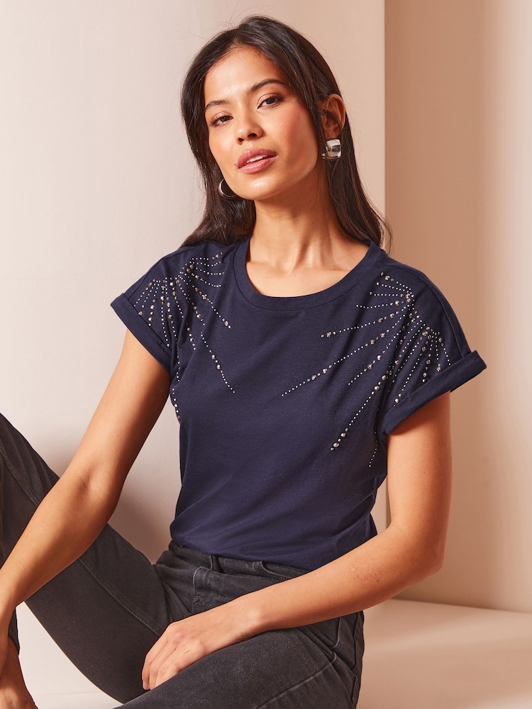 Lipsy Navy Blue Scatter Round Neck Embellished T-Shirt - Image 1 of 4 Lipsy Navy Blue Scatter Round Neck Embellished T-Shirt - Image 1 of 4