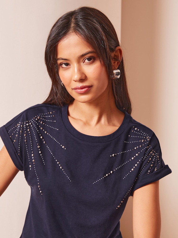 Lipsy Navy Blue Scatter Round Neck Embellished T-Shirt - Image 2 of 4 Lipsy Navy Blue Scatter Round Neck Embellished T-Shirt - Image 2 of 4