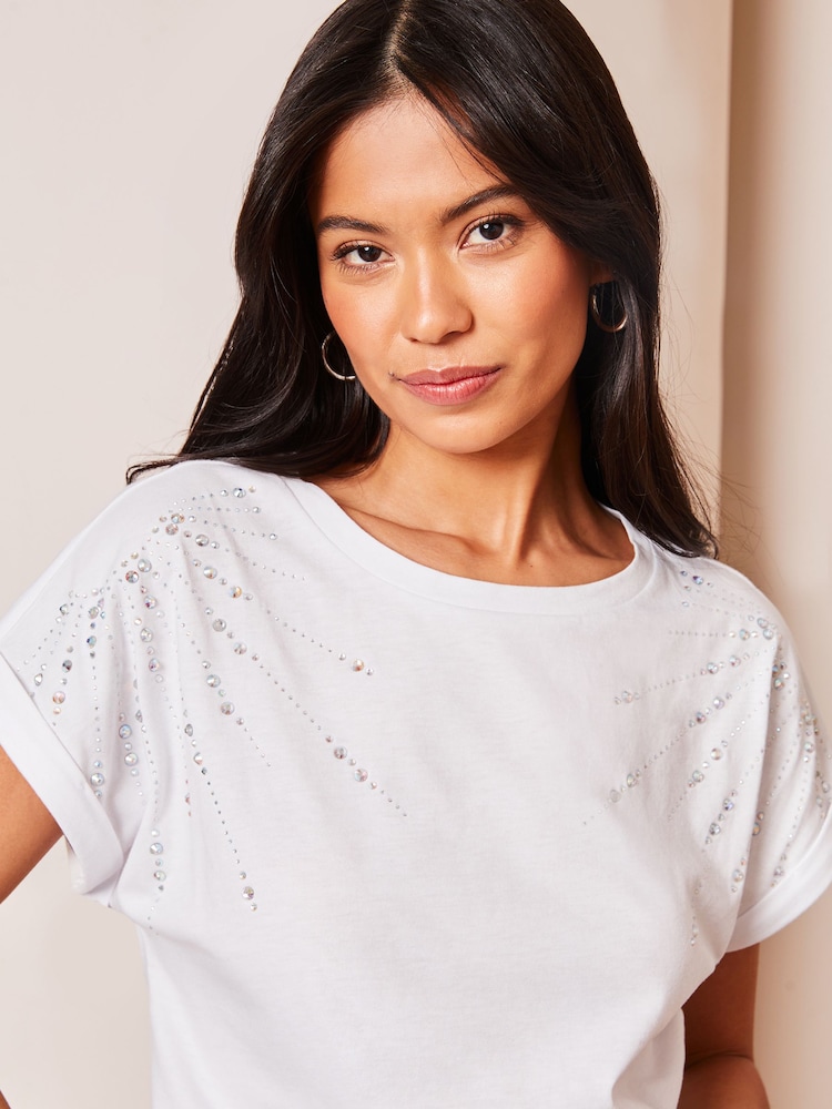 Lipsy White Scatter Round Neck Embellished T-Shirt - Image 3 of 3 Lipsy White Scatter Round Neck Embellished T-Shirt - Image 3 of 3