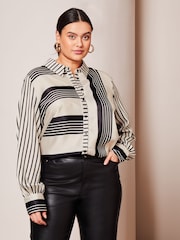 Lipsy Ivory White Stripe Curve Printed Satin Button Through Shirt - Image 1 of 4