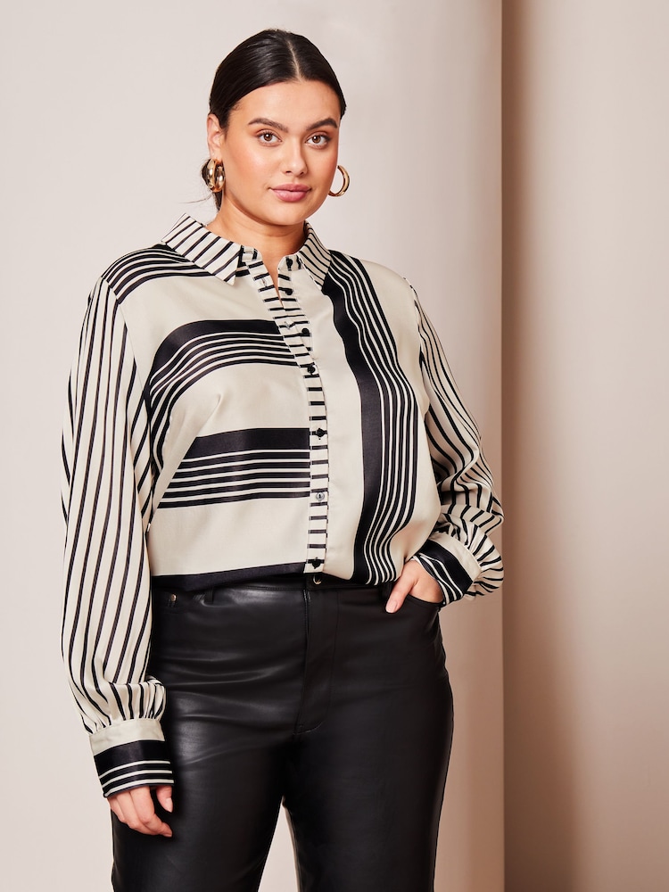 Lipsy Ivory White Stripe Curve Printed Satin Button Through Shirt - Image 1 of 4