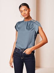 Lipsy Petrol Blue Tulip Sleeve Round Neck Button Detail Satin Top - Image 1 of 4