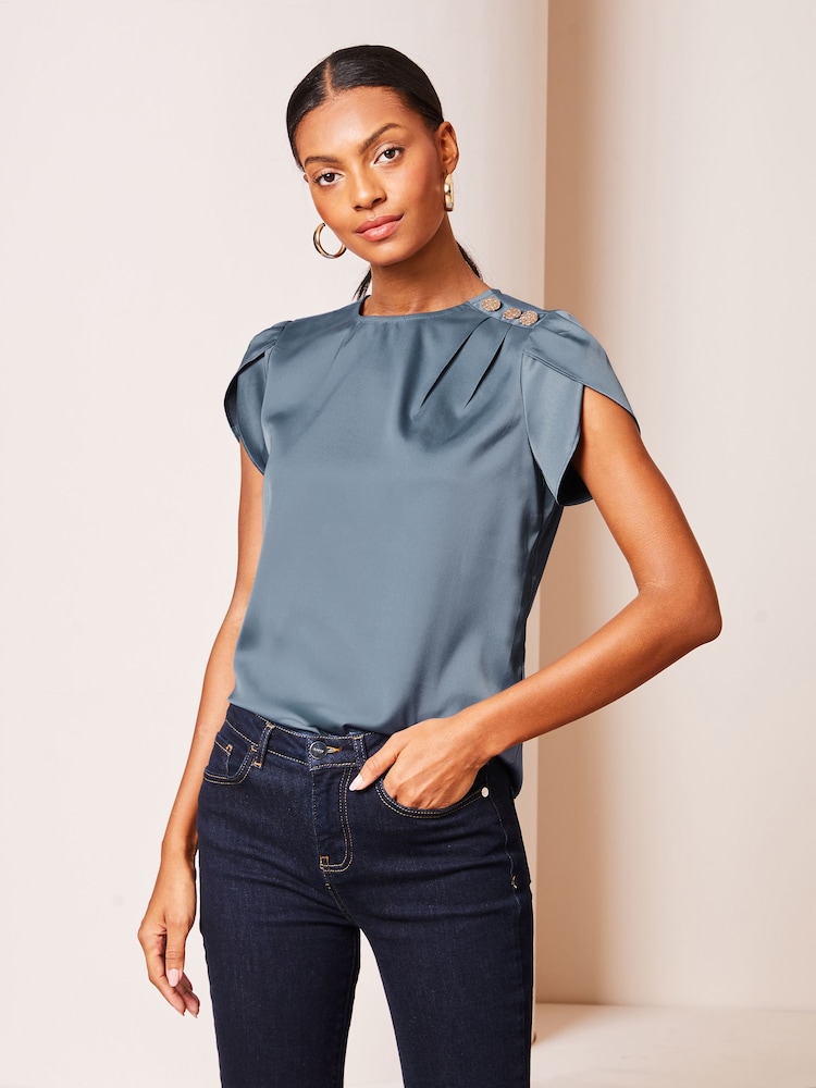 Lipsy Petrol Blue Tulip Sleeve Round Neck Button Detail Satin Top - Image 1 of 4