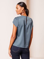 Lipsy Petrol Blue Tulip Sleeve Round Neck Button Detail Satin Top - Image 2 of 4